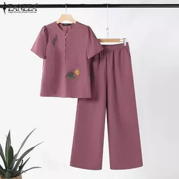 ZANZEA Женские повседневные комплекты из блузки и брюк с принтом из двух предметов