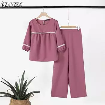 ZANZEA Женские повседневные комплекты из блузки и брюк из двух предметов