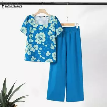 ZANZEA Женские повседневные комплекты из блузки и брюк с принтом из двух предметов 4XL синий