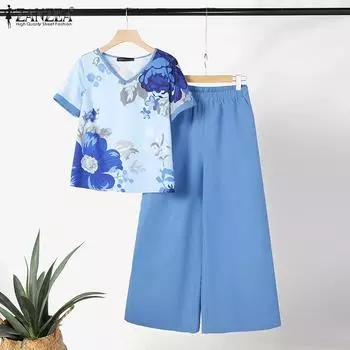 ZANZEA Женские повседневные комплекты из блузки и брюк с принтом из двух предметов S зелёный