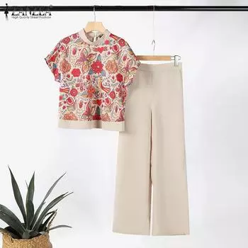 ZANZEA Женские повседневные комплекты из блузки и брюк с принтом из двух предметов 4XL зелёный