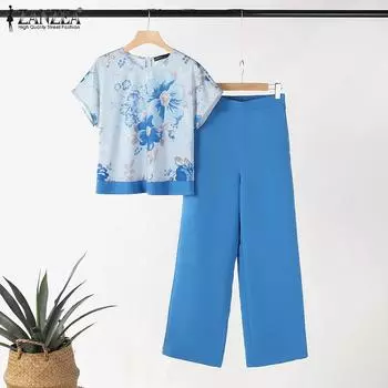 ZANZEA Женские повседневные комплекты из блузки и брюк с принтом из двух предметов 3XL жёлтый