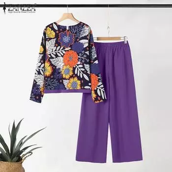 ZANZEA Женские повседневные комплекты из блузки и брюк с цветочным принтом из двух предметов 3XL фиолетовый