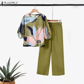 ZANZEA Женские повседневные комплекты из блузки и брюк с принтом из двух предметов 3XL розовый