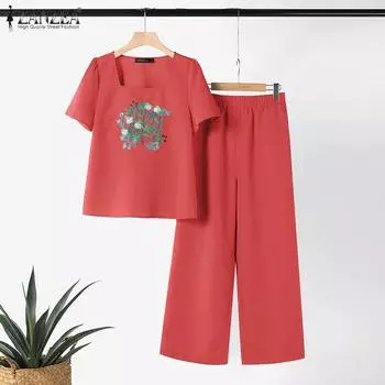 ZANZEA Женские повседневные комплекты из блузки и брюк с принтом из двух предметов 4XL жёлтый