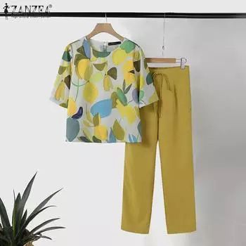ZANZEA Женские повседневные комплекты из блузки и брюк с принтом из двух предметов S жёлтый