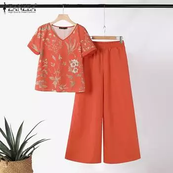 ZANZEA Женские повседневные комплекты из блузки и брюк с принтом из двух предметов 4XL бежевый