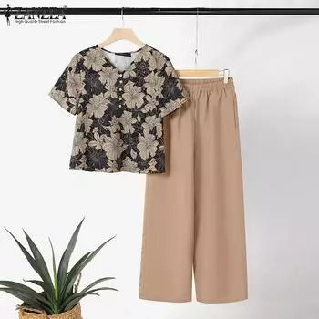 ZANZEA Женские повседневные комплекты из блузки и брюк с принтом из двух предметов XL светло-синий