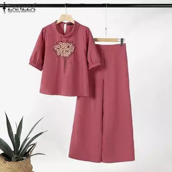 ZANZEA Женские повседневные комплекты из блузки и брюк с принтом из двух предметов S розовый