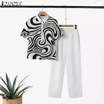 ZANZEA Женские повседневные комплекты из блузки и брюк с принтом из двух предметов 5XL белый