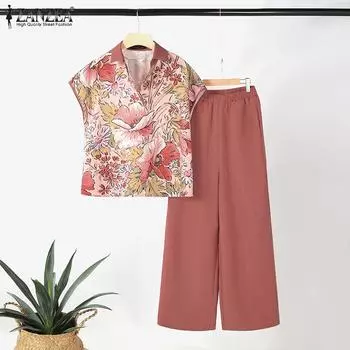 ZANZEA Женские повседневные комплекты из блузки и брюк с принтом из двух предметов 5XL