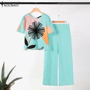 ZANZEA Женские повседневные комплекты из блузки и брюк с принтом из двух предметов 4XL фиолетовый