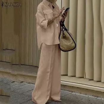 ZANZEA Женские повседневные комплекты из блузки и брюк из двух предметов 5XL бежевый