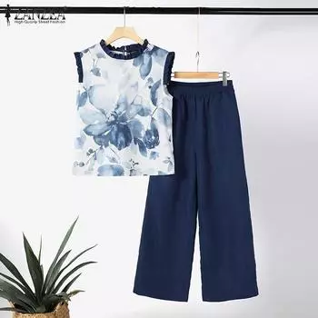 ZANZEA Женские повседневные комплекты из блузки и брюк с принтом из двух предметов 3XL жёлтый