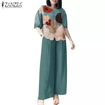 ZANZEA Женские повседневные комплекты из блузки и брюк с принтом из двух предметов 5XL