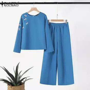 ZANZEA Женские повседневные комплекты из блузки и брюк с принтом из двух предметов S белый