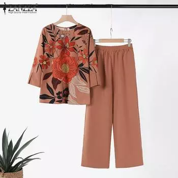 ZANZEA Женские повседневные комплекты из блузки и брюк с цветочным принтом из двух предметов S зелёный