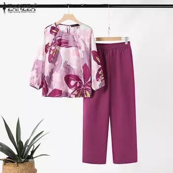 ZANZEA Женские повседневные комплекты из блузки и брюк с цветочным принтом из двух предметов S темно-синий