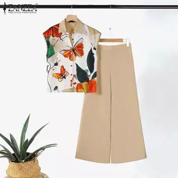 ZANZEA Женские повседневные комплекты из блузки и брюк с цветочным принтом из двух предметов S красный