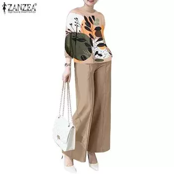 ZANZEA Женские повседневные комплекты из блузки и брюк с принтом из двух предметов 3XL темно-синий