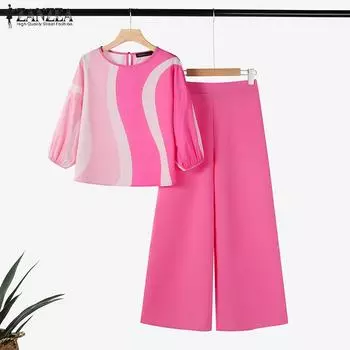 ZANZEA Женские повседневные комплекты из блузки и брюк с принтом из двух предметов 5XL розовый