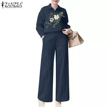 ZANZEA Женские повседневные комплекты из блузки и брюк с цветочным принтом из двух предметов S зелёный