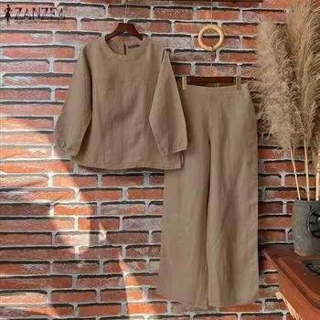 ZANZEA Женские повседневные комплекты из блузки и брюк с рукавом 3/4 из двух предметов S розовый