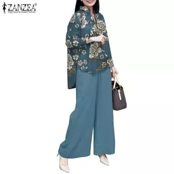ZANZEA Женские повседневные комплекты из блузки и брюк с цветочным принтом из двух предметов S синий