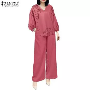 ZANZEA Женские повседневные комплекты из блузки и брюк с принтом из двух предметов S темно-синий