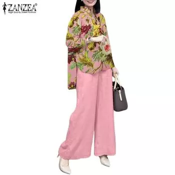 ZANZEA Женские повседневные комплекты из блузки и брюк с цветочным принтом из двух предметов S бежевый