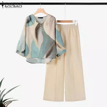 ZANZEA Женские повседневные комплекты из блузки и брюк с принтом из двух предметов 5XL чёрный