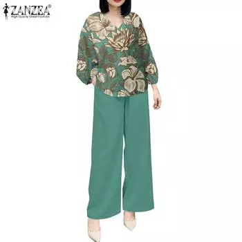 ZANZEA Женские повседневные комплекты из блузки и брюк с принтом из двух предметов XL розовый