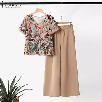 ZANZEA Женские повседневные комплекты из блузки и брюк с принтом из двух предметов S хаки