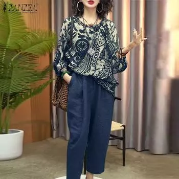 ZANZEA Женские повседневные комплекты из блузки и брюк с принтом из двух предметов S темно-синий