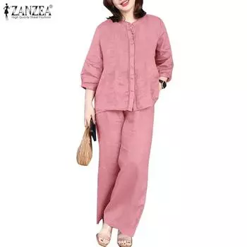 ZANZEA Женские повседневные комплекты из блузки и брюк с рукавом 3/4 из двух предметов 2XL синий