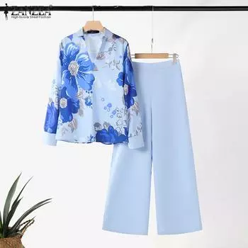 ZANZEA Женские повседневные комплекты из блузки и брюк с цветочным принтом из двух предметов S розовый