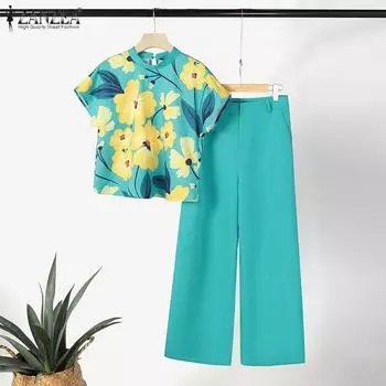 ZANZEA Женские повседневные комплекты из блузки и брюк с цветочным принтом из двух предметов M чёрный