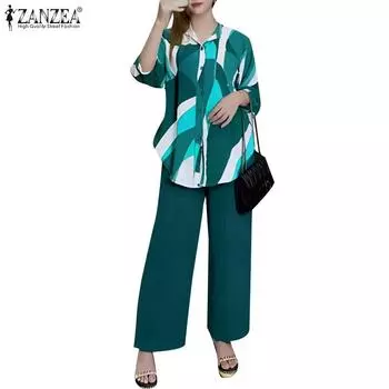 ZANZEA Женские повседневные комплекты из блузки и брюк с принтом из двух предметов S зелёный