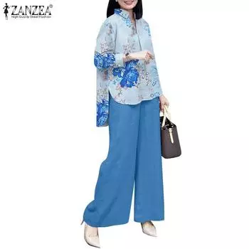 ZANZEA Женские повседневные комплекты из блузки и брюк с принтом из двух предметов S жёлтый