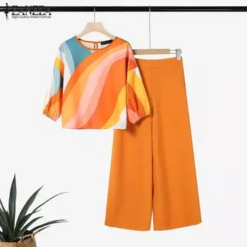 ZANZEA Женские повседневные комплекты из блузки и брюк с принтом из двух предметов S жёлтый