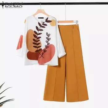 ZANZEA Женские повседневные комплекты из блузки и брюк с принтом из двух предметов S бежевый