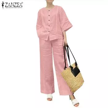 ZANZEA Женские повседневные комплекты из блузки и брюк с рукавом 3/4 из двух предметов 4XL