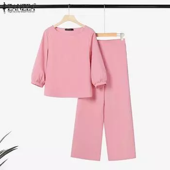 ZANZEA Женские повседневные комплекты из блузки и брюк с рукавом 3/4 из двух предметов L розовый