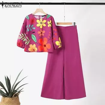 ZANZEA Женские повседневные комплекты из блузки с цветочным принтом и широких брюк 5XL ярко-розовый