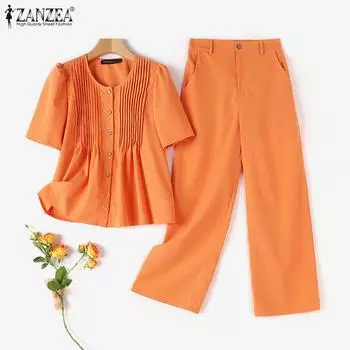 ZANZEA Женские повседневные комплекты из блузки с короткими рукавами и брюк S чёрный