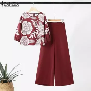 ZANZEA Женские повседневные комплекты из блузки с цветочным принтом и широких брюк S ярко-розовый