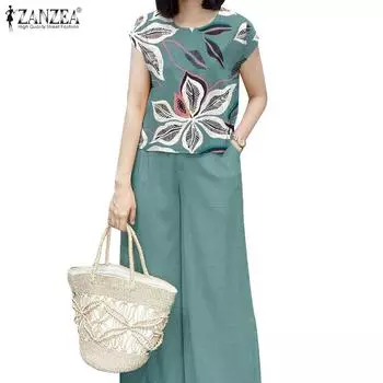 ZANZEA Женские повседневные комплекты из блузки с принтом и широких брюк 4XL розовый