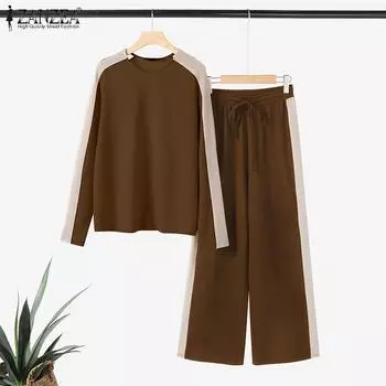 ZANZEA Женские повседневные комплекты из двух частей: блузка и брюки в стиле пэчворк L чёрный