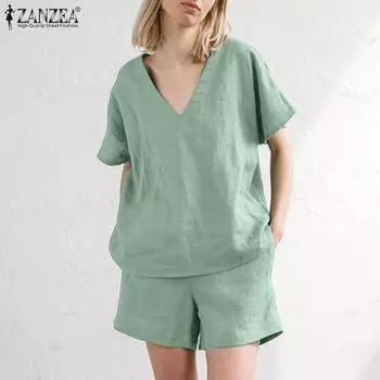 ZANZEA Женские повседневные комплекты из двух предметов: футболка с коротким рукавом и шорты S