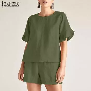 ZANZEA Женские повседневные комплекты из двух предметов: футболка с коротким рукавом и шорты